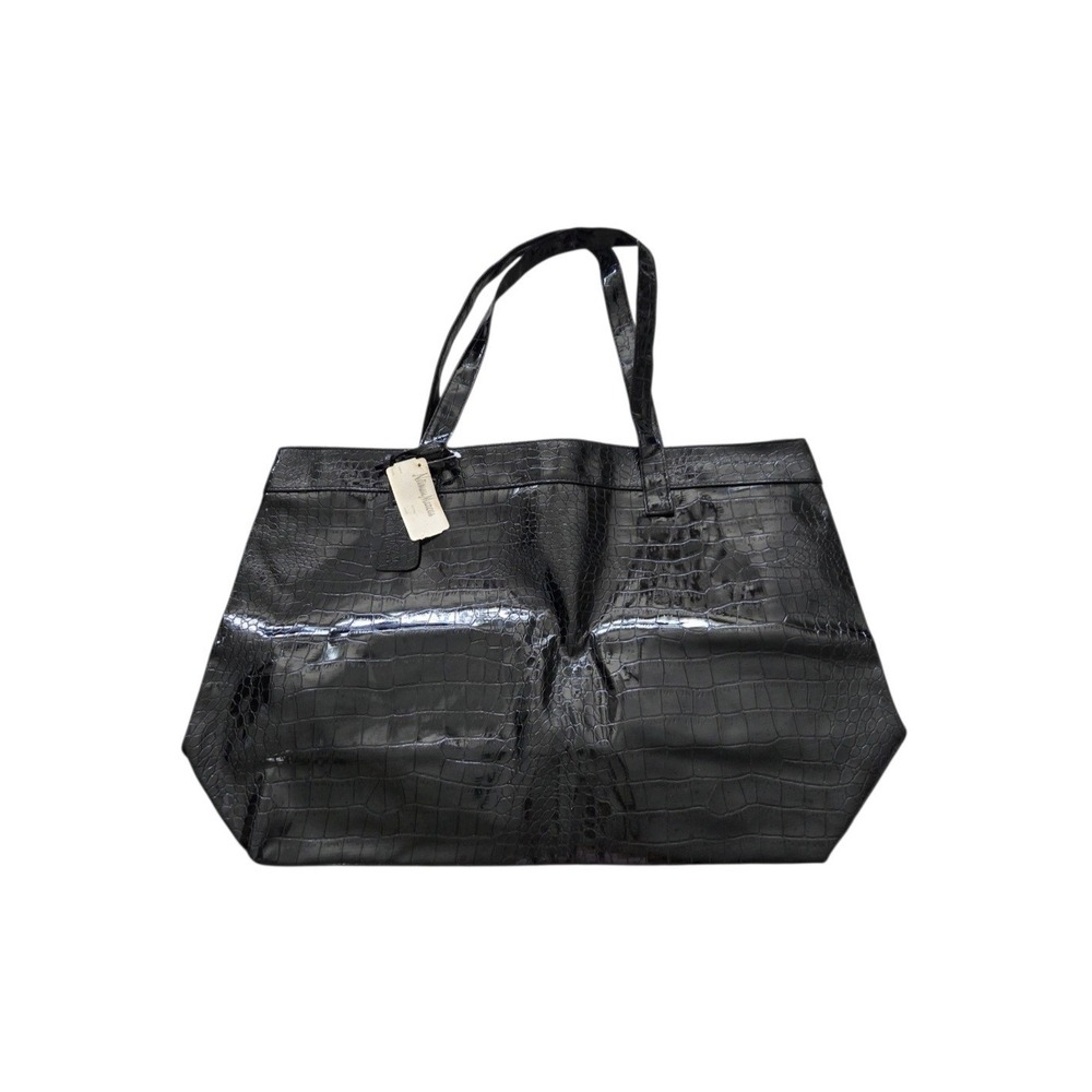 Neiman Marcus Black Croc Embossed Patent Tote Bag Large Shoulder Purse Y2K VTG